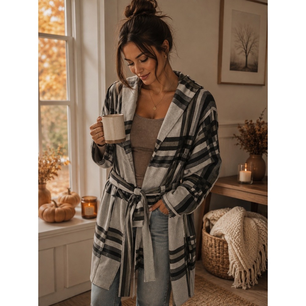 Christian Siriano Sz 1X (20) Hooded Plaid Cardigan Jacket w/Belt Cozy Chic